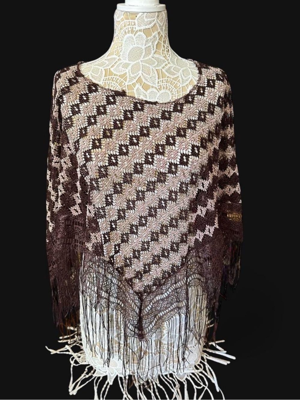 Open-Knit Fringe Poncho Sweater in Brown and Cream